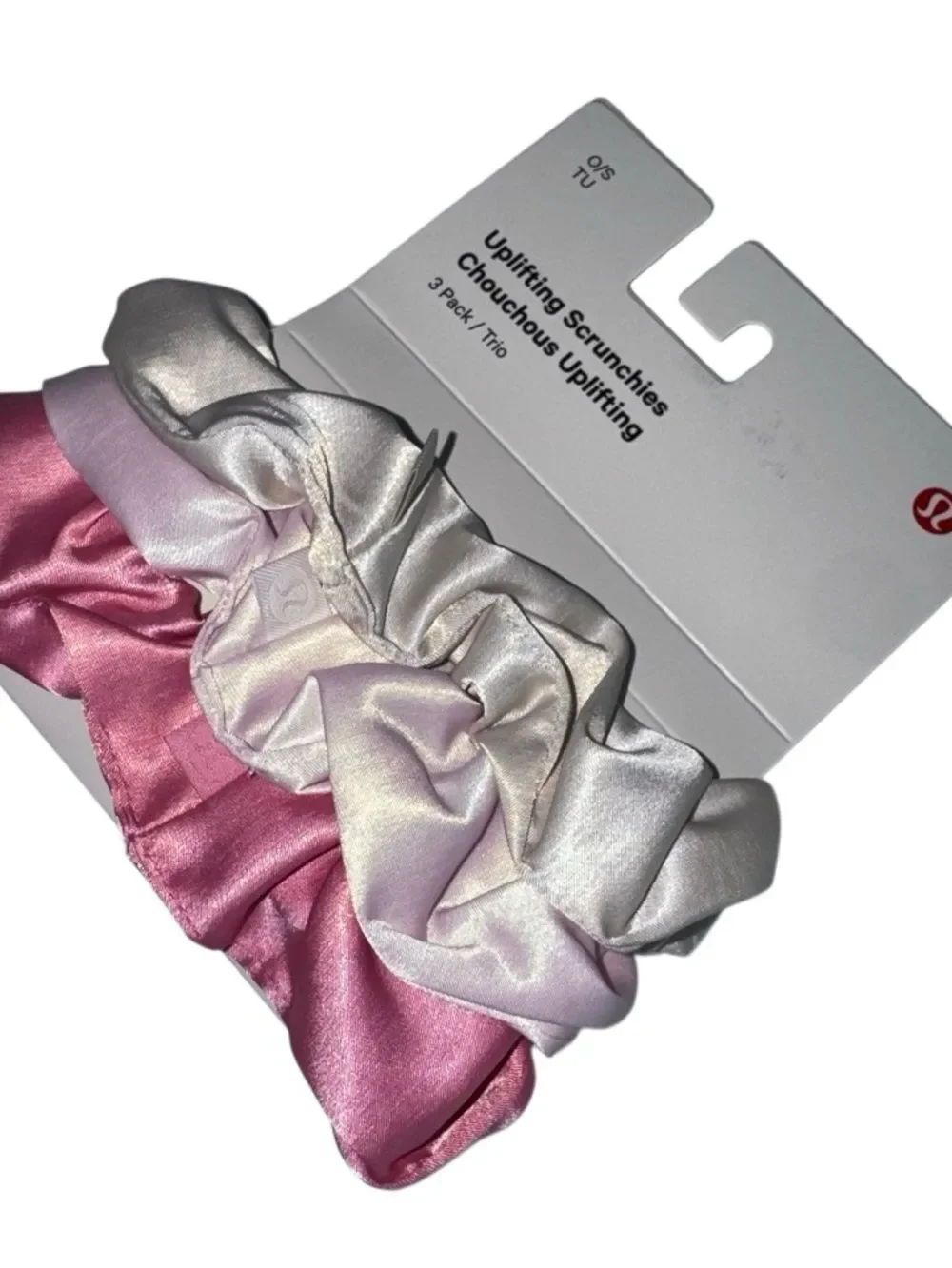 Lululemon Uplifting Scrunchies Satin 3 Pack Candy Cloud/Blissful Pink/Light Ivor